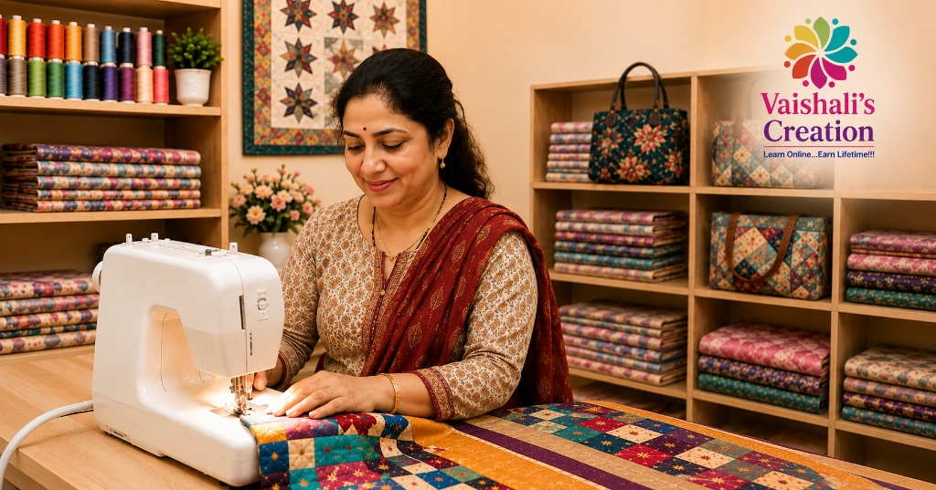 Vaishali at her sewing machine working on a quilt