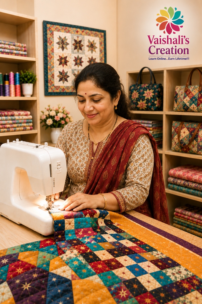Vaishali at her sewing machine working on a quilt